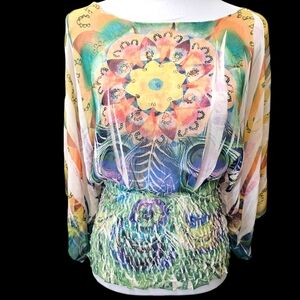Design Works Floral Sunburst Sheer Top Medium Dolman Sleeves